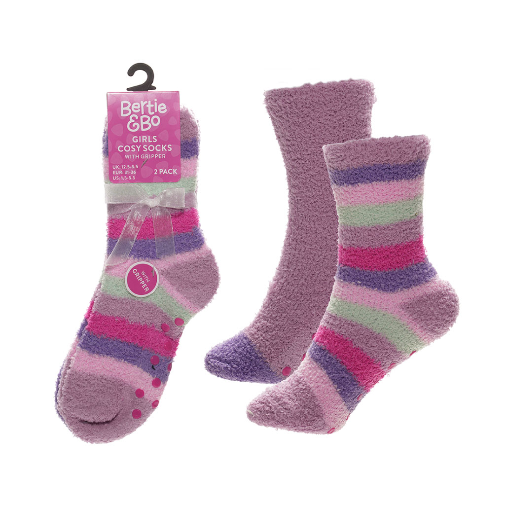 Girls Stripe Cosy Socks With Gripper And Ribbon (Pack of 12)