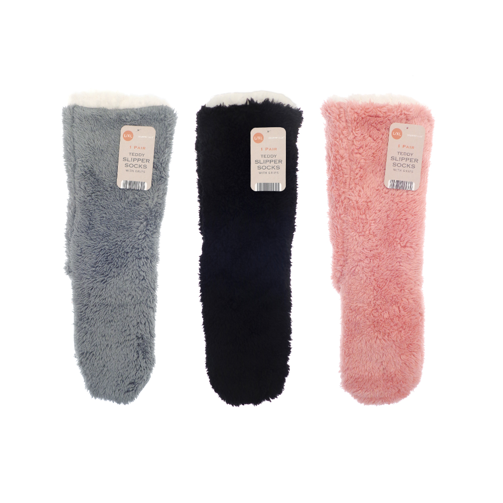Teddy Slipper Socks Grey/Pink Assorted Sizes 