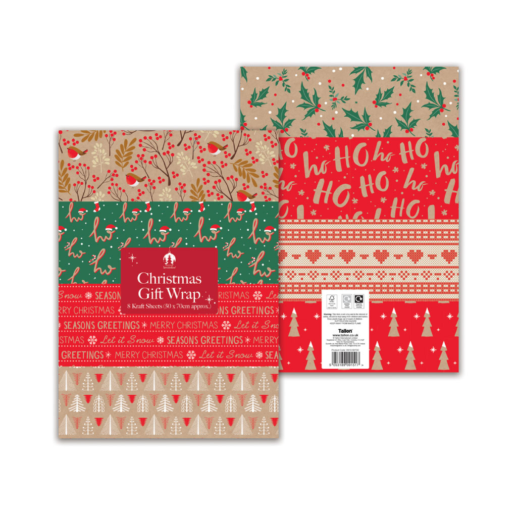 Kraft Paper Eco Mix Wrap XMAS 8 Sheet Pack (Pack of 50)